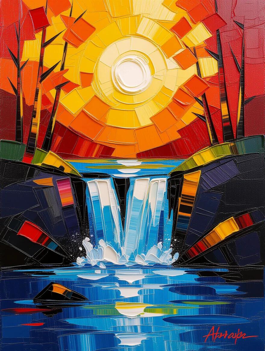 Textured waterfall painted using palette knife. Thick impasto application creates sculptural surface. Dynamic texture effects in contemporary style. Bold artistic expression with three-dimensional quality. Masterful knife work showcases skill.