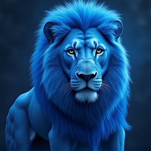 A lion with blue fur and vibrant blue mane.