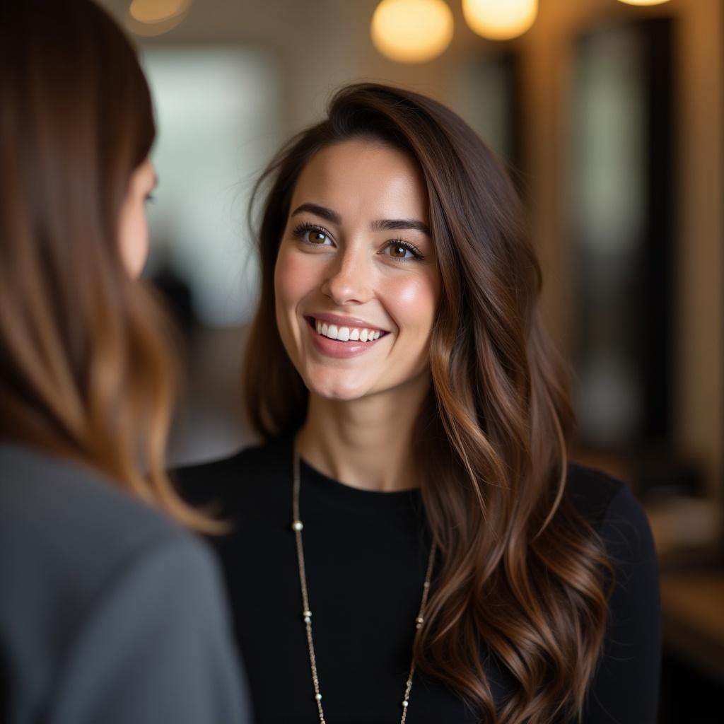 Beautiful woman at hair salon. Silky skin and pretty eyes. Engaged in conversation with friends. Warm, inviting atmosphere.