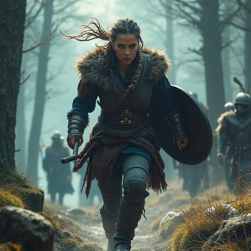 Fierce Viking female warrior charges through dense forest. She has blue eyes and braided hair. Wears leather jerkin and fur-lined boots. Holds axe high. Atmosphere thick with mist and damp earth. Sunlight filters through trees. Dramatic scene with dynamic angle.