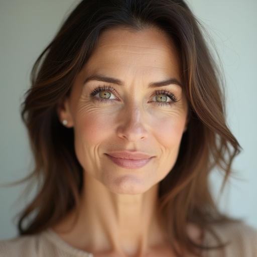 Professional headshot of an Italian woman in her early fifties. Warm neutral expression. Soft lighting creates eye catchlights. Blurred off-white backdrop. Shallow depth of field emphasizes natural features. Cinematic look enhances quality.