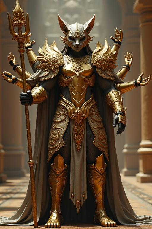 Mythological figure with multiple arms wearing ornate golden armor. Cat-like mask. Holding a lotus and trident. Temple setting with soft lighting.