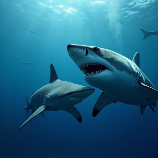 Underwater scene featuring a great white shark attacking a hammerhead shark. Sharks are swimming in the ocean. Light penetrates the water, illuminating their bodies. Action captured in dynamic motion.