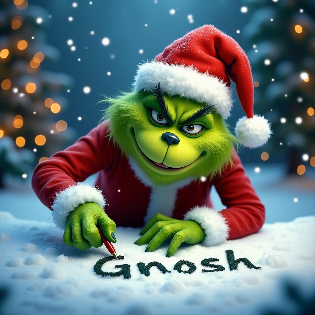 Grinch in Santa outfit with hat writing in snow with finger, festive Christmas scene with Christmas lights around him, green character, holiday theme.