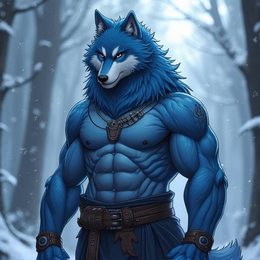 A male blue wolf character, muscular and anime-style, displayed in a fantasy setting.