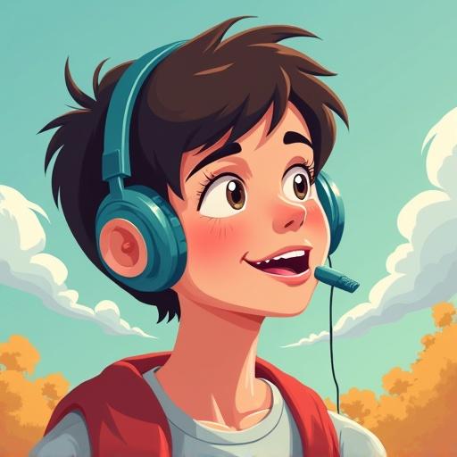 Cartoon style illustration of a student happily listening to music with earphones. The boy has a joyful expression and is wearing a headset. Bright colors and a cheerful background.