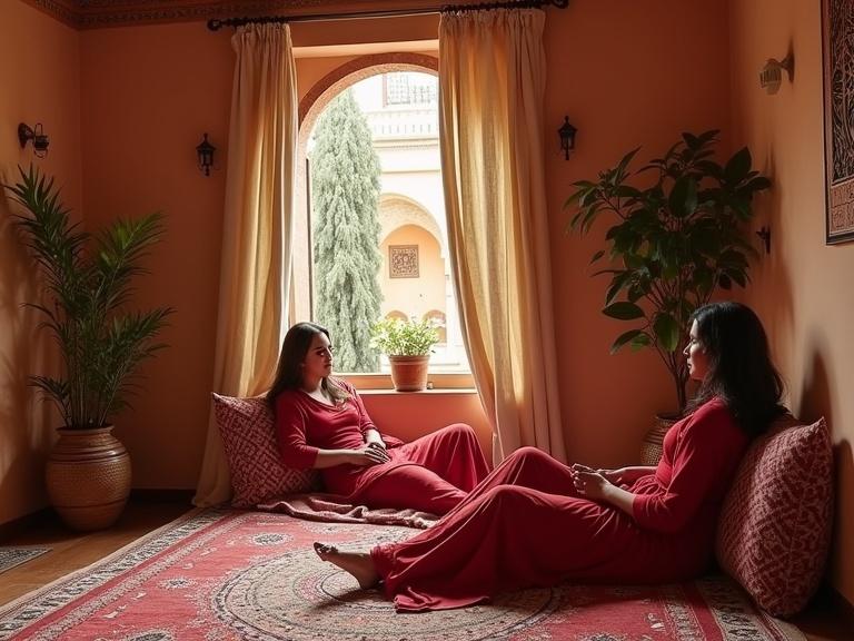 Serene image of a Moroccan interior featuring two women lounging. Rich textures and warm colors dominate the scene. Soft natural light streams through a large window, enhancing the tranquil ambiance. Beautiful elements of Moroccan culture are visible in the decor.