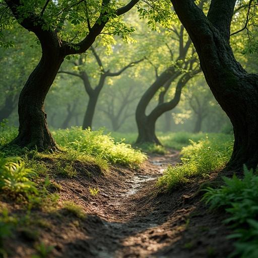 Hyper-realistic image of a tranquil woodland floor with twisted trees in vibrant green foliage. Ground covered in dark mud with tufts of grass and small ferns. Soft sunlight streaming through tree canopy creating detailed shadows and soft highlights on uneven terrain. Tree bark features lifelike cracks and moss with fallen leaves scattered. Calm and immersive atmosphere with natural sounds and warm colors. Shallow depth of field enhances realism.