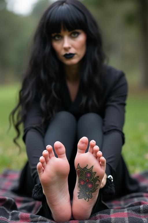 Image features a mature goth woman with long black hair and black lips showing her tattooed soles of bare feet. She is sitting on a blanket outside.