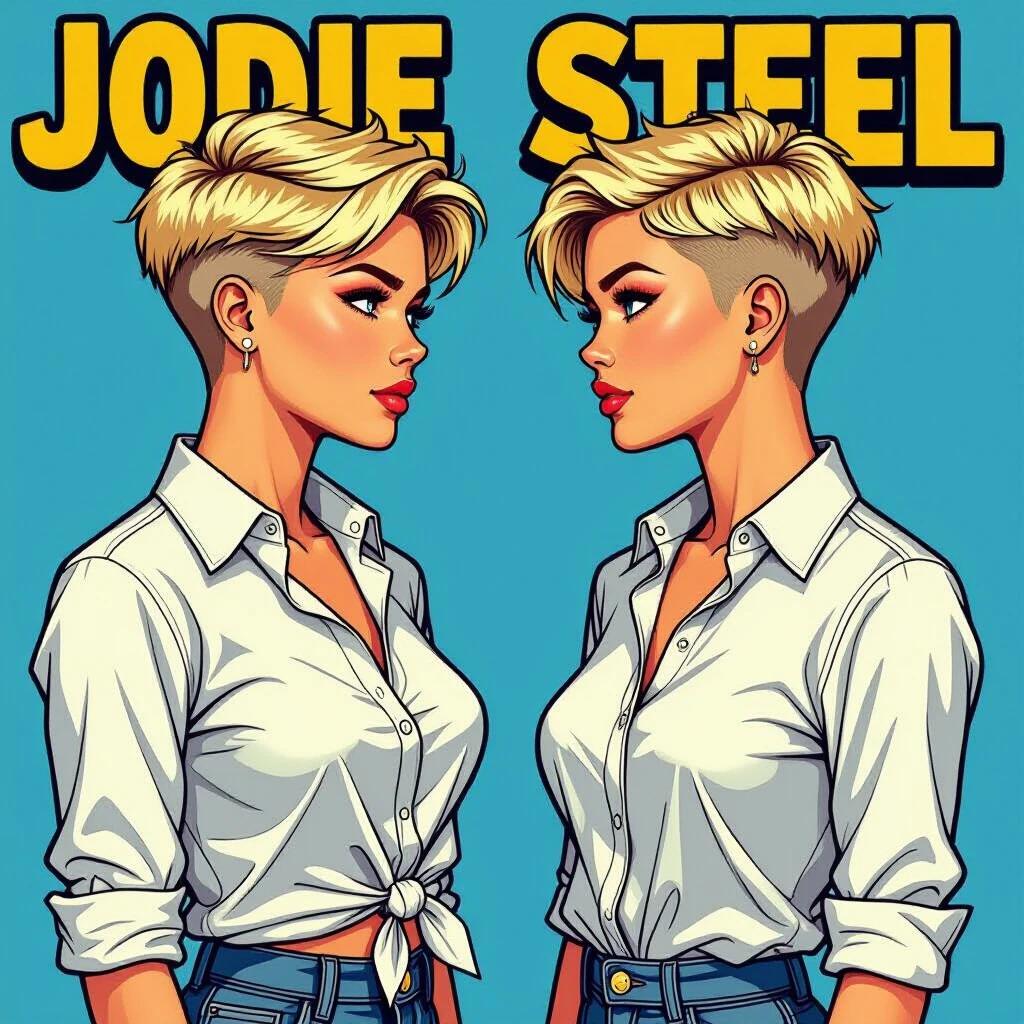 Jodie Steel stands facing another girl. Jodie styled short blonde tousled hair she has confident expression. She wears white knotted shirt with rolled sleeves. Her outfit includes ripped denim shorts and black boots. The other girl has long blonde hair and wears off-shoulder top.
