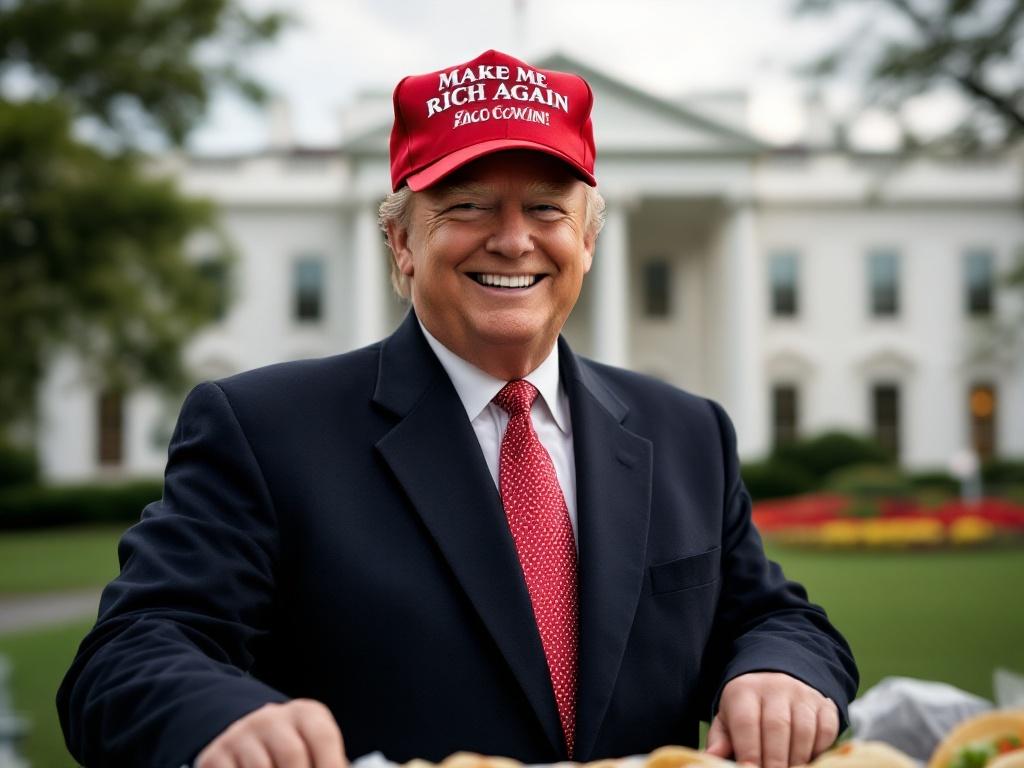 A smiling man stands on the lawn of a historic building. He wears a red hat with text. He is selling food behind a table.