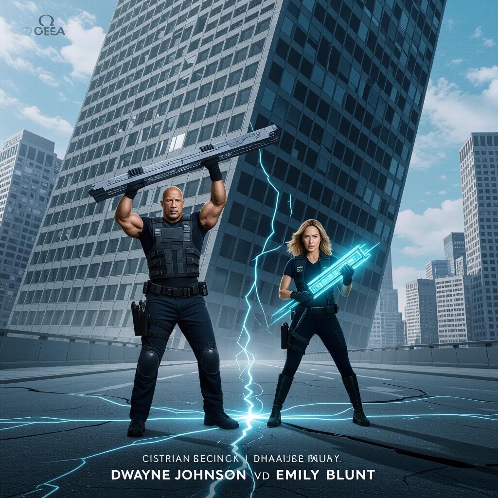 Create a cinematic movie poster for OMEGA TREMOR. Dwayne Johnson appears under a tilting skyscraper holding a fractured support beam. Emily Blunt stands beside him with a glowing blue seismic stabilizer. The setting is a futuristic megacity experiencing collapse. The scene includes electrical arcs and dust in warm daylight. The poster should have a metallic block font title at the bottom for visual impact.