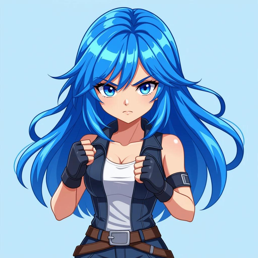2D girl with blue hair designed for a fighting game as a sprite. Character has a determined expression and is ready for action. Features a sleeveless outfit with gloves, stylized anime appearance.