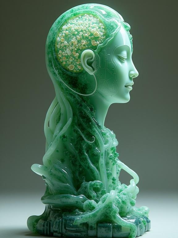 Photograph of a sculpture made of jade. The sculpture depicts a figure named META. The figure has elements of technology and nature. The facial features blend in a calm expression. The base has intricate designs. Soft light enhances the visual textures.