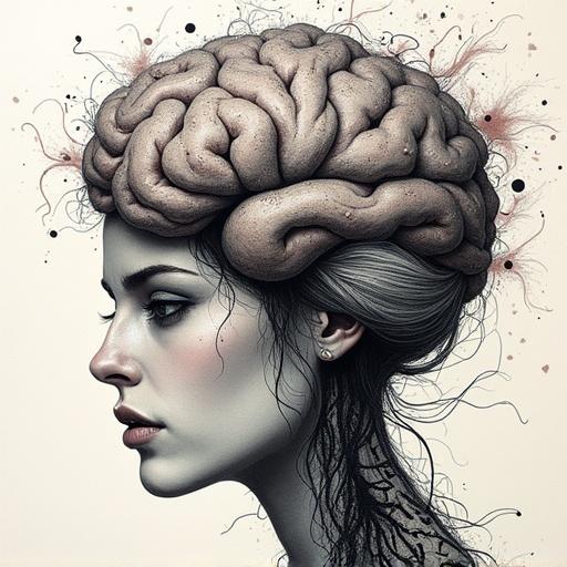 A surreal representation of a psycho's mind. Human head with a large brain. Abstract elements surround the brain. Creative illustration showcasing psychological themes.