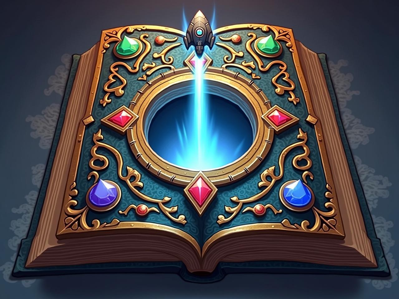 The image features an ornate book with a fantastical design. The cover is decorated with various gemstones that come in different colors like blue, red, and green. In the center, there is a circular portal from which a beam of light is emanating. A small spaceship is depicted above the portal, suggesting a theme of space or extraterrestrial life. Surrounding the portal are several intricate patterns and figures, enhancing the magical and mystical feel of the book. The overall presentation is vibrant and visually captivating.