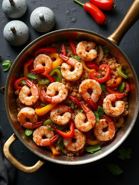 Top-down view of a rustic metal serving pan with grilled shrimp mixed with sliced bell peppers and sautéed onions. The scene features a warm atmosphere with rich lighting and two gray stone salt and pepper shakers in the background.