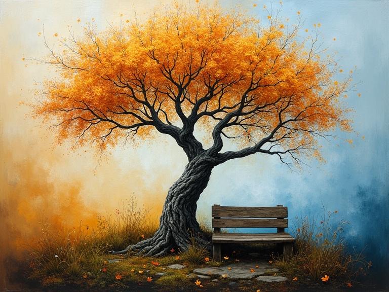 An abstract oil painting featuring two intertwined trees. One tree is ancient with gnarled bark, the other is a slender sapling with amber leaves. A weathered bench sits beneath them. The background features gradients of gold and blue with frost and dew elements. Abstract brushstrokes suggest smoke from leaves. Rugged textures blend with fluid colors.