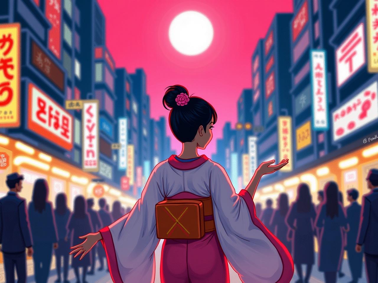 The image is a vibrant, impressionistic painting of a bustling urban street at night. It features a woman with a medium skin tone, facing away from the viewer, in a traditional kimono that combines pink and white shades. Her hair is styled in a neat bun, accented with a pink flower. She stands gracefully with her arms stretched out, as if dancing, surrounded by a crowd of blurred figures signifying movement and energy. Tall buildings with bright Japanese signage illuminate the scene against a striking pink sky, where a large, glowing moon stands out. The overall style is marked by bold brushstrokes and vivid colors, creating a lively and dynamic atmosphere.