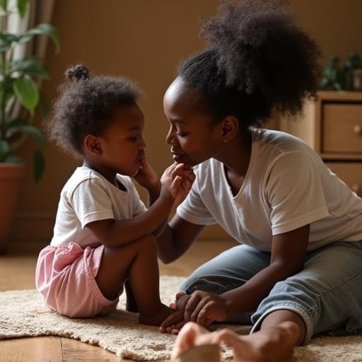 Two young African girls sharing a moment on a rug. One girl inspects the feet of the other. Soft lighting creates a warm atmosphere.