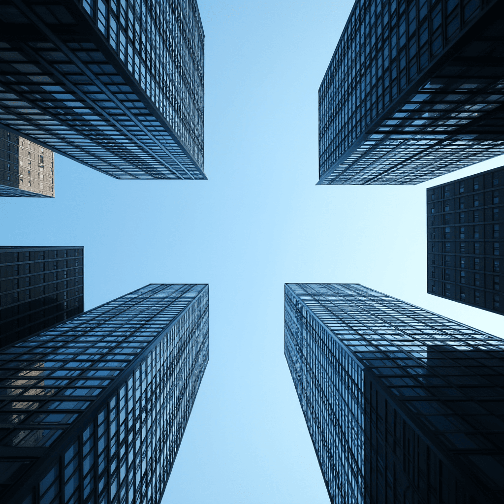 A view of four skyscrapers forming a cross against a clear blue sky.