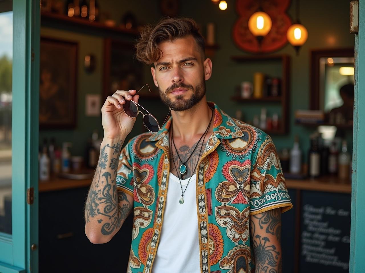 A man stands confidently in front of an old vintage barbershop. He is holding his sunglasses in his right hand, showcasing his intense gaze. His shirt is colorful with intricate designs, featuring various illustrations. The sleeves are short, giving a relaxed vibe. His arms are covered in tattoos that reflect his unique style. The barbershop backdrop adds a nostalgic charm to the scene.