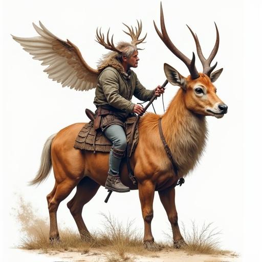 Dibujo de criatura con cuernos. Semidiós y mitad hombre, mitad bestia. Montado en un ciervo alado.