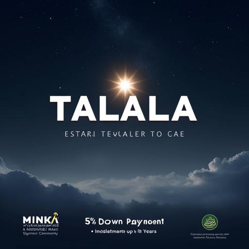 Minimalist futuristic real estate poster. Dreamy starry night sky background with soft nebula clouds. Dark blue and gray tones dominate. Center features the word 'TALALA' in bold white modern geometric font. Glowing 8-pointed star sits above the second 'L'. Bottom left displays 'MINKA – A Madinet Masr Signature Community' logo with upward arrow. Bottom right features a traditional Arabic logo in green and gold. Includes bold white promotional text: '5% Down Payment – Installments up to 10 Years' in clear lower center layout. Clean and professional design.