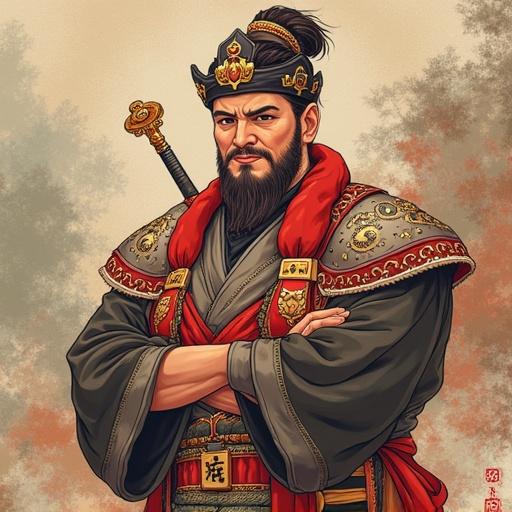 A fierce and imposing warrior with long hair and a beard wearing ornate armor. He carries a sword and has a determined expression with arms crossed. The background includes soft colors that create a dramatic effect.