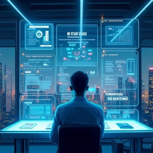 Futuristic workspace setting with professional preparing for MB-800 certification. Room filled with holographic screens showing finance, ERP dashboards, and Business Central icons. Individual in smart-casual attire surrounded by floating checklists and a virtual book titled MB-800 Study Guide. Transparent wall shows tech cityscape. Atmosphere glows in Microsoft blue with soft neon lights.