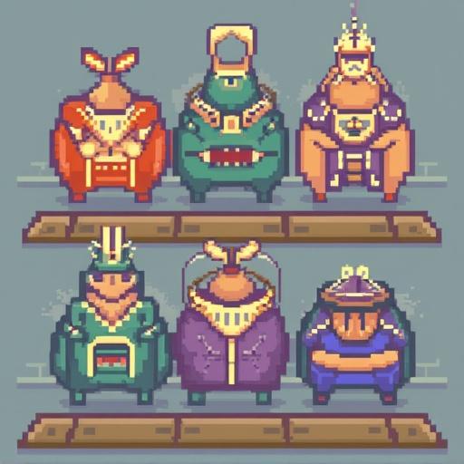 Pixel art of fantasy creatures dressed in royal attire. Characters include colorful frogs and an anthropomorphic crab. Each character has a distinct outfit and accessories. Background is a simple pastel color.