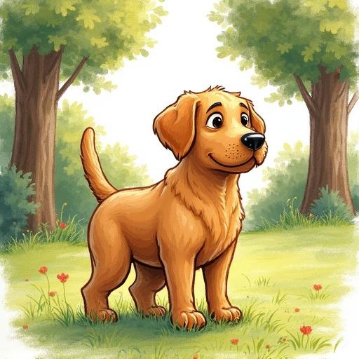 A 2D color pencil illustration features a whimsical labrador standing in a park filled with trees and flowers.Laborador looks happy and playful.Park setting is bright and sunny with a warm feel. The illustration has a rough pencil texture with hatching shadows for depth.