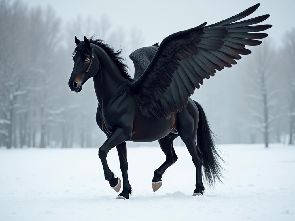 A black pegasus stands gracefully in snow. Its feet are spotted white blending into its black body. The wings are wide and majestic. The background is a winter landscape with trees. The atmosphere is serene and magical.