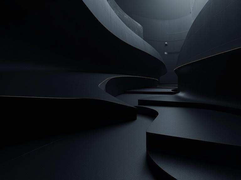 Dark abstract architectural background with geometric patterns and flowing structures inspired by modern parametric design. Black base tones and subtle iridescent highlights. Clean minimal futuristic composition in square format. Ambient lighting with smooth curves and layered depth.