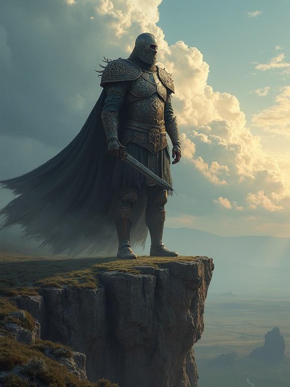 Digital painting of a towering Slavic war god standing on the edge of a cliff. Dutch angle shot enhances dramatic tension. The landscape is desolate and stretches to the horizon. War banners flutter in the wind. The armor is weathered with ancient runes. Dramatic storm clouds swirl above. The image features highly detailed textures and cinematic lighting with rim glow.