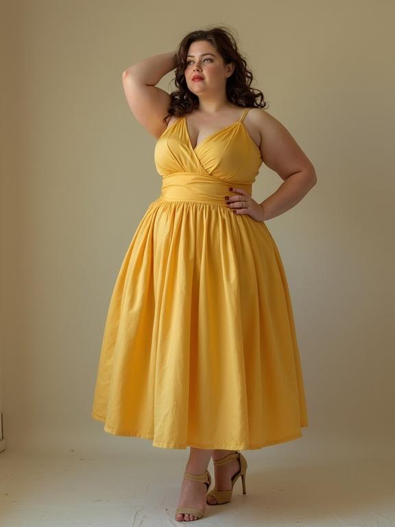 A woman stands confidently in a vintage yellow dress. The dress has a flowing silhouette and she wears elegant heels. Her hands are in her hair. She has a plump figure and exudes confidence.