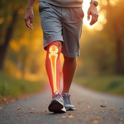 Elderly man walking outdoors with good posture. Comfortable walking shoes worn. Knee joint highlighted showing arthritic bone. Face shows satisfaction. Glowing illustration representing joint health. Warm nature background symbolizes recovery.