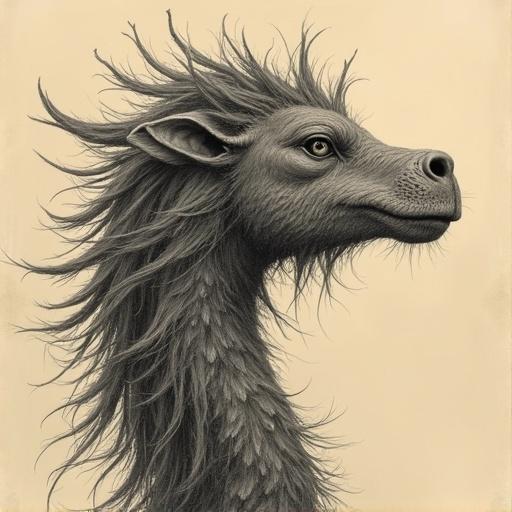 Create a fantasy creature resembling a lion and dragon. Draw in coal style. Use black and beige colors. Focus on the head and neck. Emphasize unique features like mane and texture.