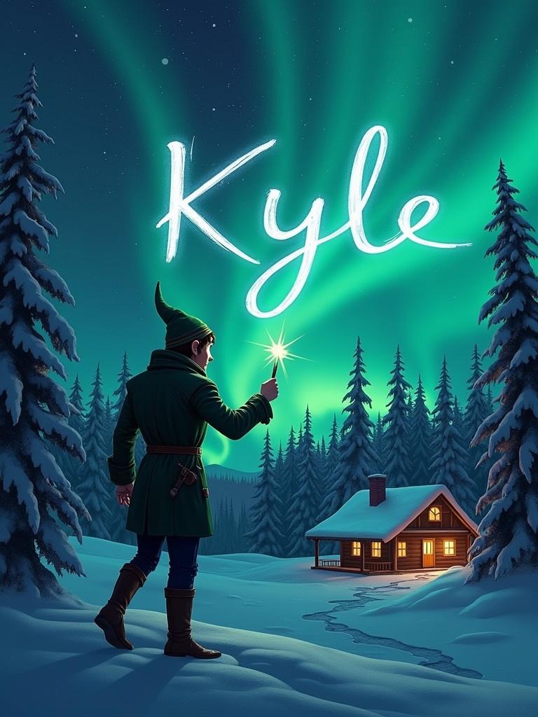 Elf stands back to viewer. Elf writes Kyle in the air with a wand. Background features magical northern lights over a cozy cabin.