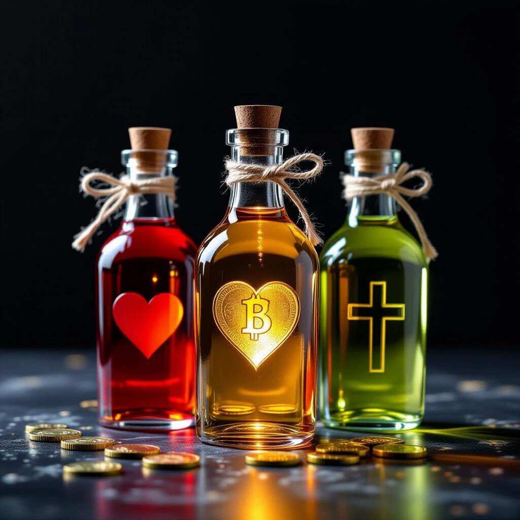 Three bottles with different colored liquids each representing distinct concepts. First bottle red liquid with heart symbol representing love. Second bottle gold liquid with Bitcoin symbol representing money. Third bottle green liquid with small cross representing health. Dark creepy background enhances the halo of light illuminating the bottles. Highly detailed and realistic appearance in 4K.