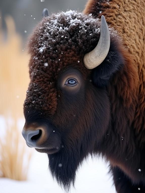 Close-up photograph of a bison's head in a snowy winter scene. Bison has thick dark brown fur and large curved horns. Snow covers the top of its head. Bison's eye is partially visible. Snowflakes are falling. Dry yellow grass is in the background. Fur is textured and dense. Bison's nose is dark and moist. Expression is calm. Natural light creates a serene effect. Shallow depth of field with bokeh effect. Warm and cool color contrast.