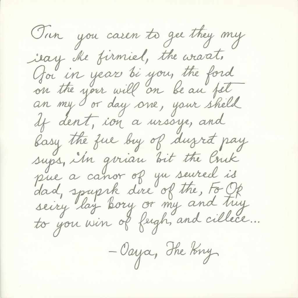 A handwritten letter with a personal touch. The text is in cursive style. The paper is cream colored with dark ink. Emphasis on the fluidity of the handwriting.