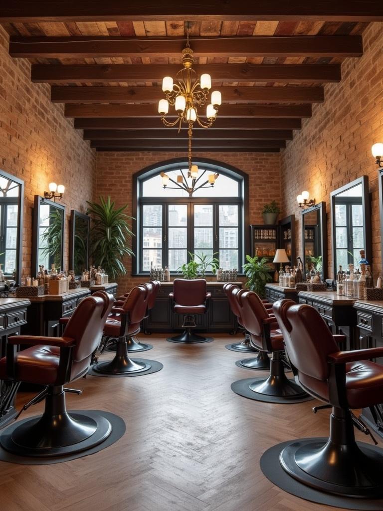 Interior of a women barber shop with four barber chairs arranged in a spacious room. The room measures 4.60 meters by 3.40 meters and has a height of 3 meters. The decor includes brick walls, large windows, and warm lighting. The atmosphere is inviting and stylish.