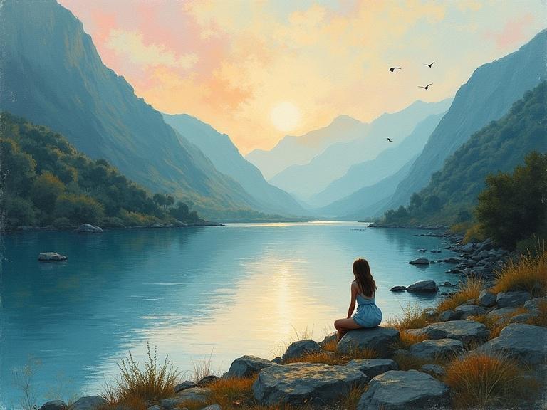 Abstract painting of the Ibar River. A girl sitting on the rocks. She is waiting for her love beside the river. Mountains surround the scene. A soft sunset falls over the landscape.
