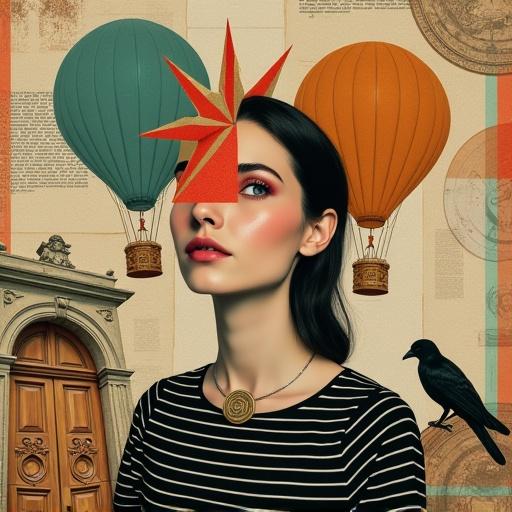 Create a surreal collage artwork featuring a female figure in a striped shirt surrounded by hot air balloons and textured patterns. Include a wooden door and a bird to evoke adventure and nostalgia.