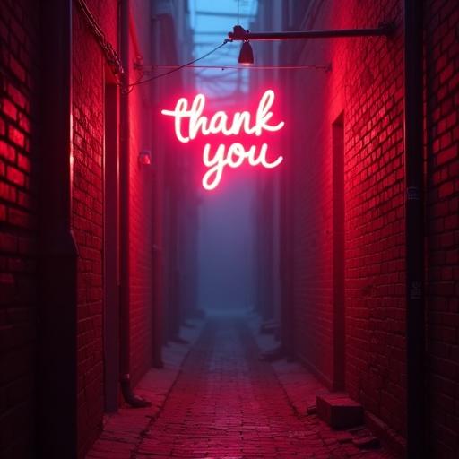 Neon sign that says thank you glows in a foggy alleyway made of bricks