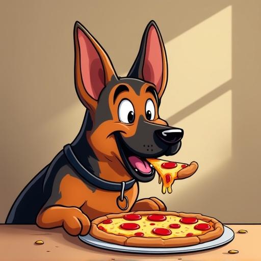 German Shepherd in cartoon style enjoys pizza. Dog happily bites slice of pizza. Vibrant colors bring scene to life. Soft lighting creates warm feel.