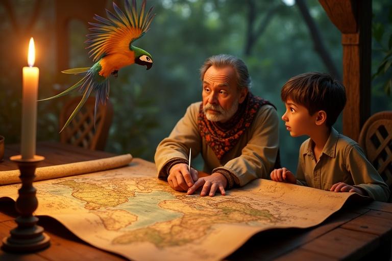 A scene set in Dolittle’s jungle home with an ancient map on a wooden table. Candlelight flickers illuminating the characters. Dr. John Dolittle traces the map while Polynesia the parrot hovers above. Tommy Stubbins, a young boy, watches with wonder. The scene is illustrated in a semi-realistic Pixar style with vibrant colors and intricate details.