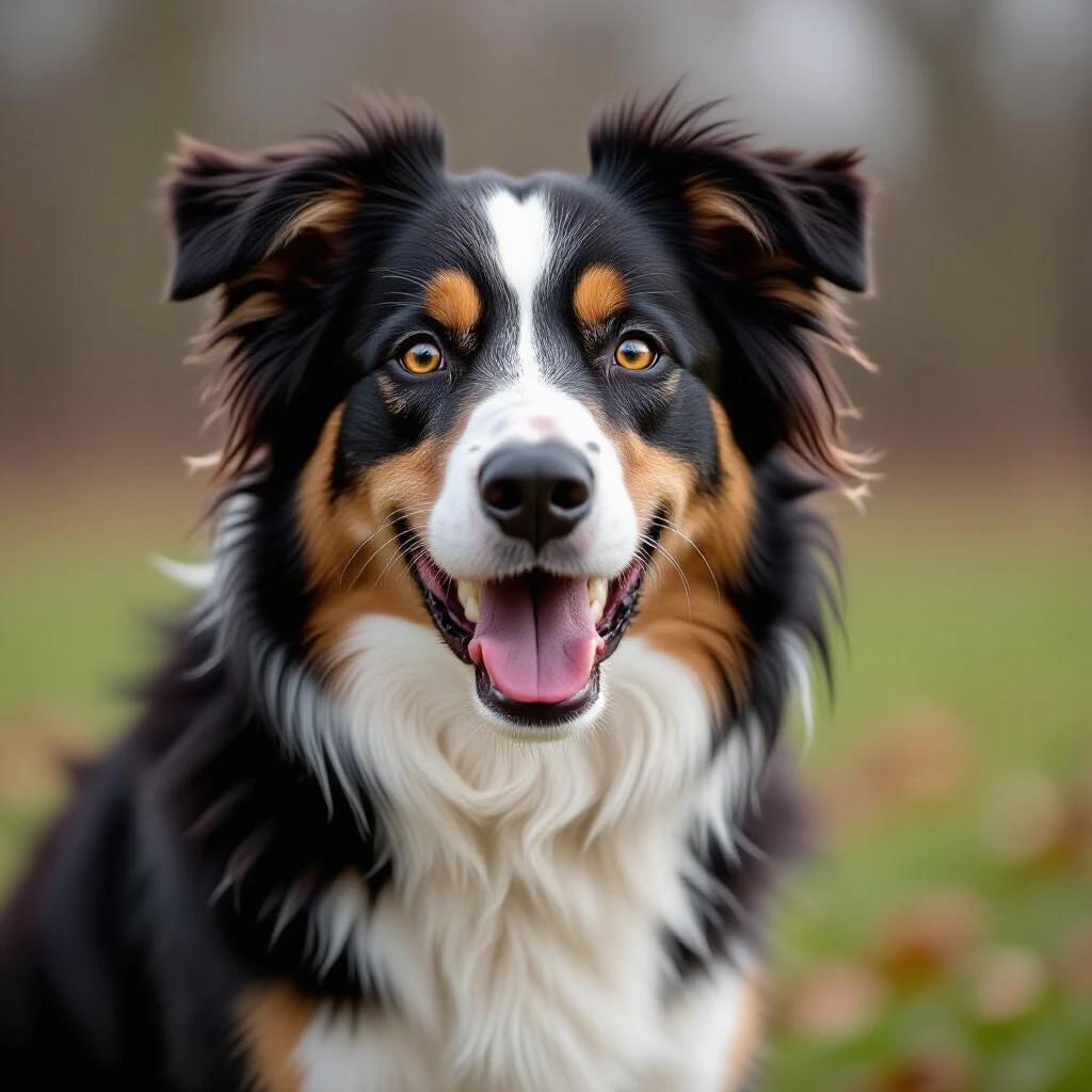 Portrait of a happy border collie. Close-up image showcasing features. Dog has a bright expression with a shiny coat. Soft green background with natural light. Dog looks directly at the camera.