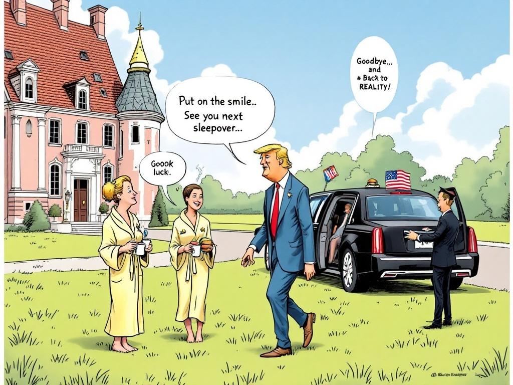 This is a landscape editorial cartoon inspired by Tom Toles style. Two royal figures in yellow bathrobes stand in front of a classical palace. They hold steaming mugs and engage in a conversation. A barefoot man with an orange face and blond hair walks towards a limousine, holding a toothbrush and a half-eaten hamburger while smiling. A Secret Service agent opens the limo door, and an American flag is present. A sign nearby reads 'Back to Reality'. An older royal woman watches the scene from a window. The top title indicates a farewell message, while the bottom caption offers a humorous take on diplomacy.